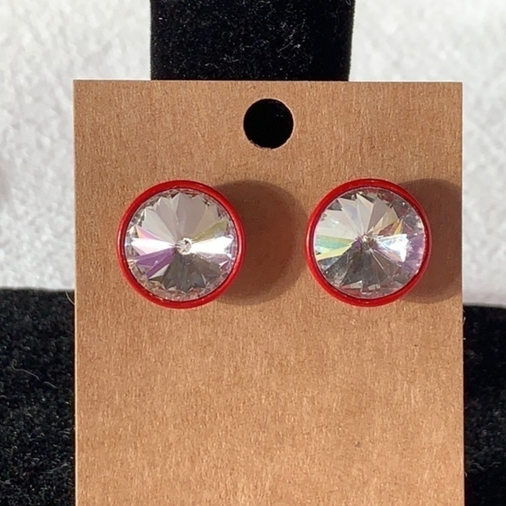 💐5/25 extra large red enamel clear crystal round stud earrings